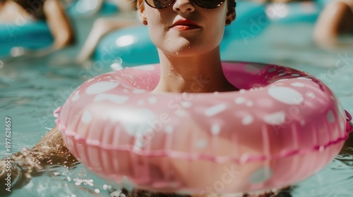 A person is seen enjoying a sunny day in the pool with a pink inflatable floatation device, smiling and relaxing while surrounded by others in the pool. photo