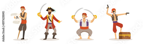 Man Pirate Character and Sea Robber Vector Set