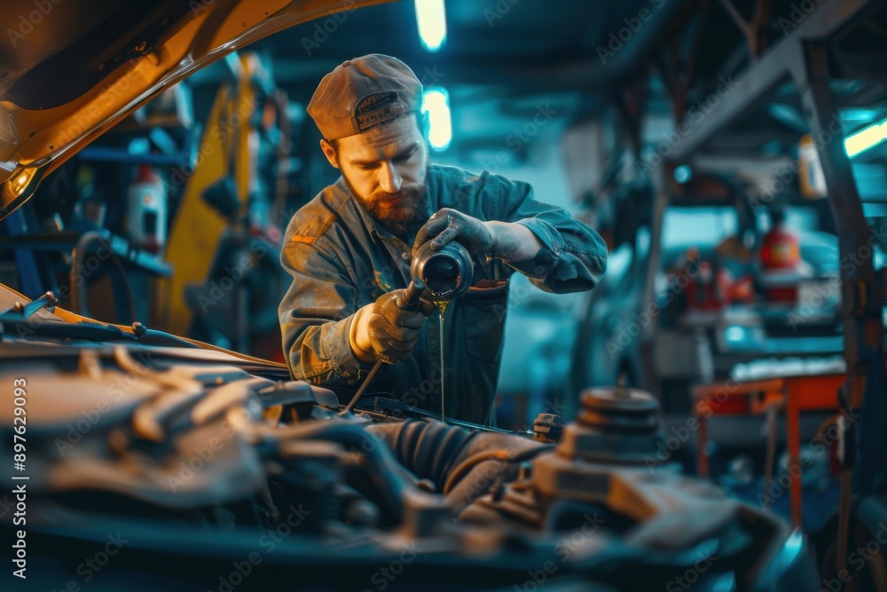 Mechanic Performing Engine Maintenance in Garage Mechanic Performing Engine Maintenance in Garage
