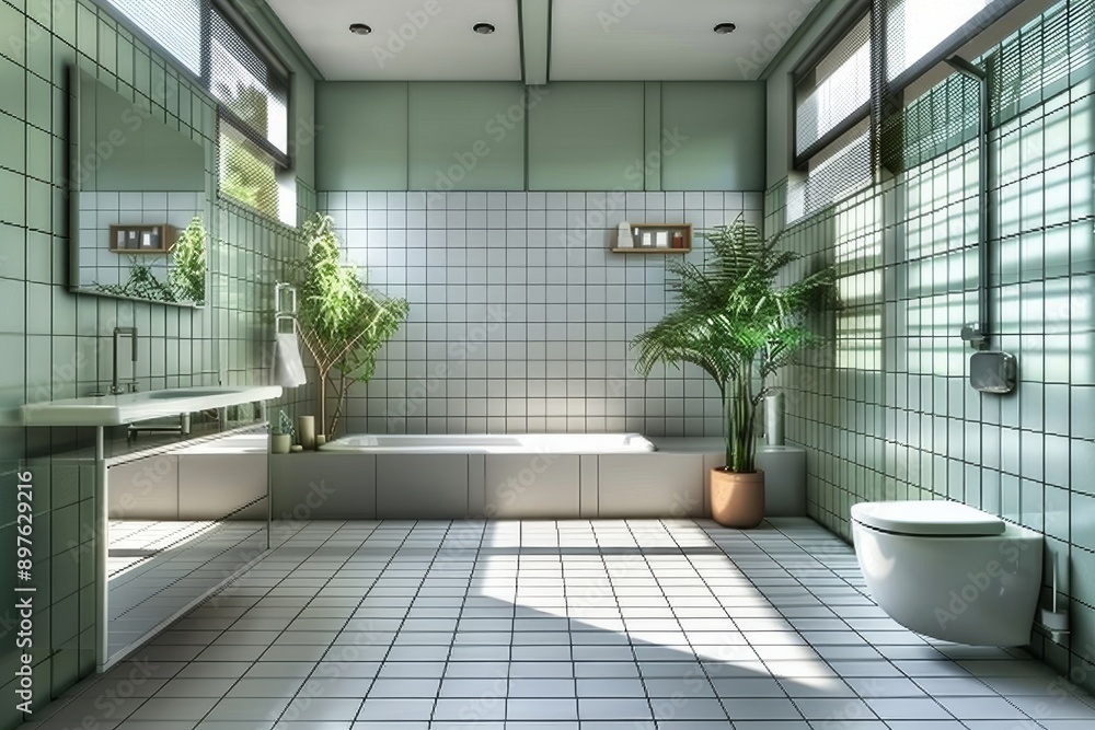 Bathroom in modern style with green tiled walls and floor Bathroom in modern style with green tiled walls and floor