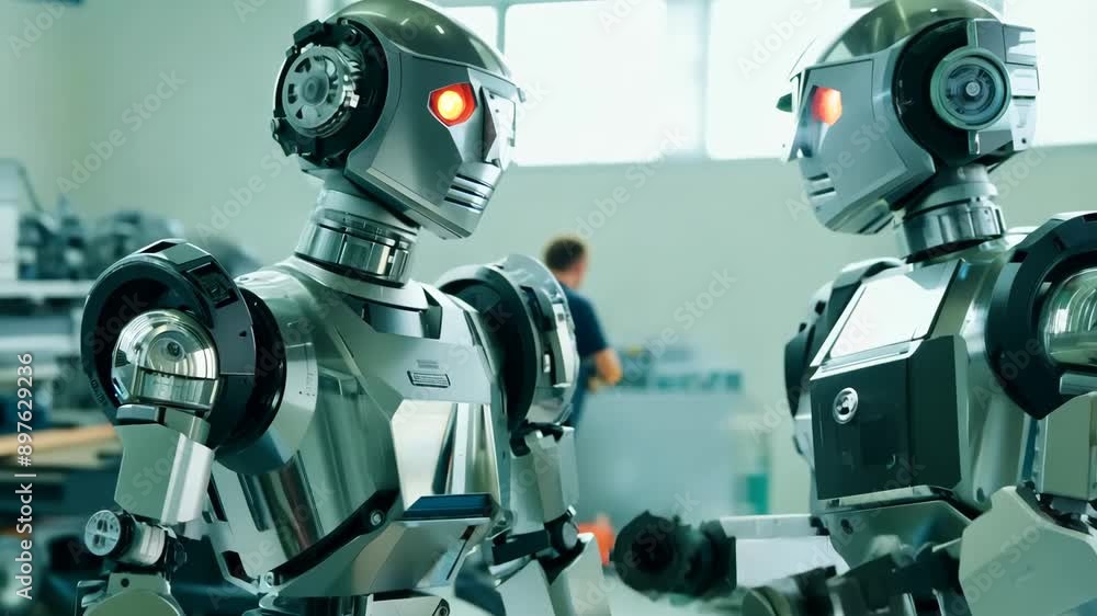 slow-motion pan captures two robots walking and conversing in a busy workshop, their synchronized movements contrasted with the normal speed background. The scene starts with a close-up of their faces slow-motion pan captures two robots walking and conversing in a busy workshop, their synchronized movements contrasted with the normal speed background. The scene starts with a close-up of their faces