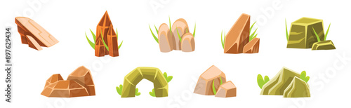 Road Boulder and Solid Stone with Grass Vector Set
