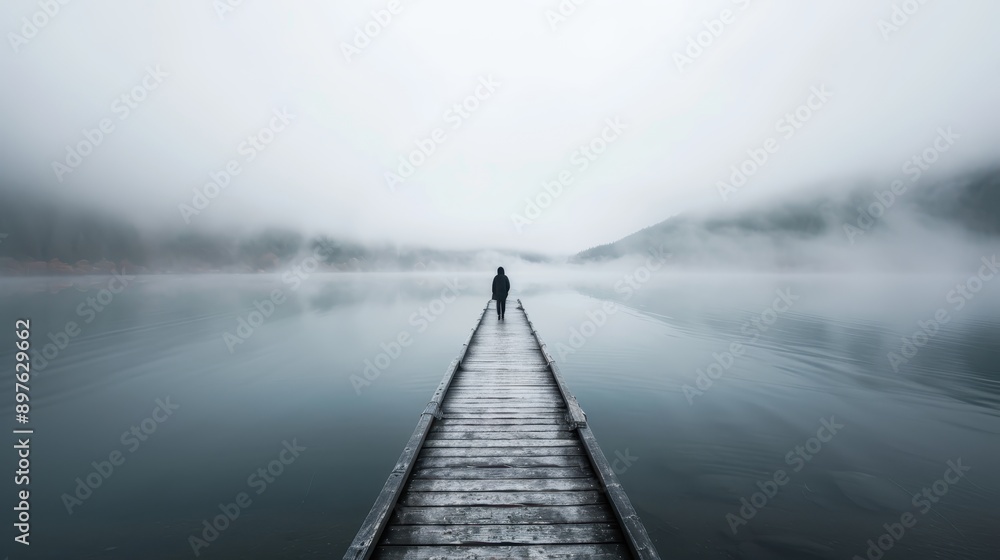 Naklejka premium A solitary person stands on a long wooden dock reaching out into a misty, mirror-like lake surrounded by fog, portraying solitude and calmness.