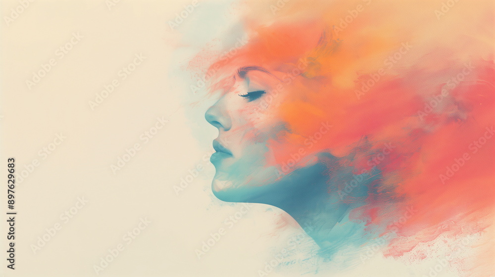 Abstract Portrait of Woman with Closed Eyes Blended in Colorful Watercolors, Dreamlike and Ethereal Painting Style, Soft Pastel and Vibrant Hues, Surreal Concept, Serene Expression, Contemporary Art Abstract Portrait of Woman with Closed Eyes Blended in Colorful Watercolors, Dreamlike and Ethereal Painting Style, Soft Pastel and Vibrant Hues, Surreal Concept, Serene Expression, Contemporary Art