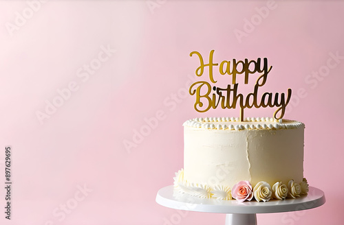 Birthday cake decorated with flowers with a happy birthday sign on a pink background