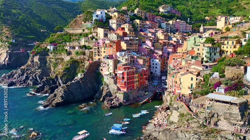 aerial video of Cinque terra in Italy, Riomaggiore town in Cinque terra on Italian riviera, vacation in Liguria, Italy, holiday in Italy