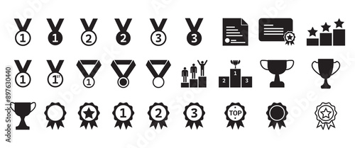 Winning icon set. Trophy cup, Medal, Winner prize icon. Trophy symbol. Victory logo. Set with award, award with number 1, one, trophy cup,