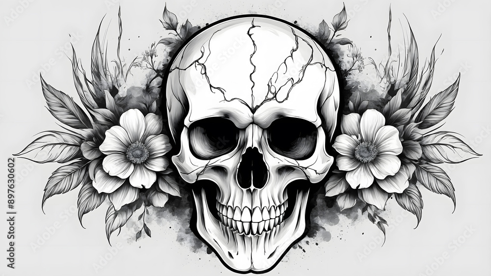 Skull with Floral Design Artwork – Intricate Black and White Tattoo Style Illustration Skull with Floral Design Artwork – Intricate Black and White Tattoo Style Illustration