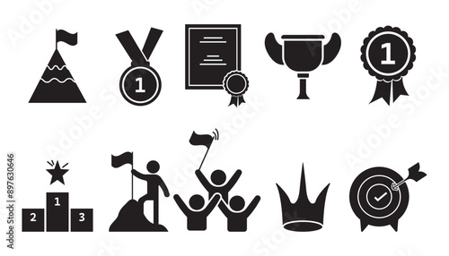 Winning icon set. Trophy cup, Medal, Winner prize icon. Trophy symbol. Victory logo. Set with award, award with number 1, one, trophy cup,