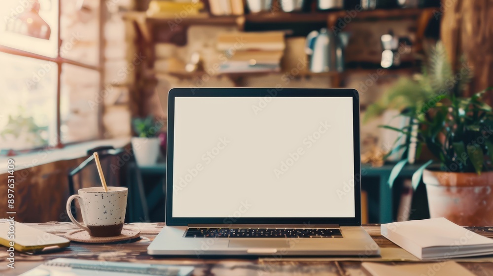 creative designer desktop with blank laptop monitor book coffee cup blurry wooden wall background creative designer desktop with blank laptop monitor book coffee cup blurry wooden wall background