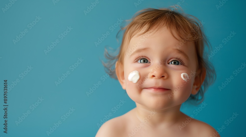 Little baby with moisturizer on face, portrait over blue studio background with copy space. Toddler skincare cosmetics concept Little baby with moisturizer on face, portrait over blue studio background with copy space. Toddler skincare cosmetics concept