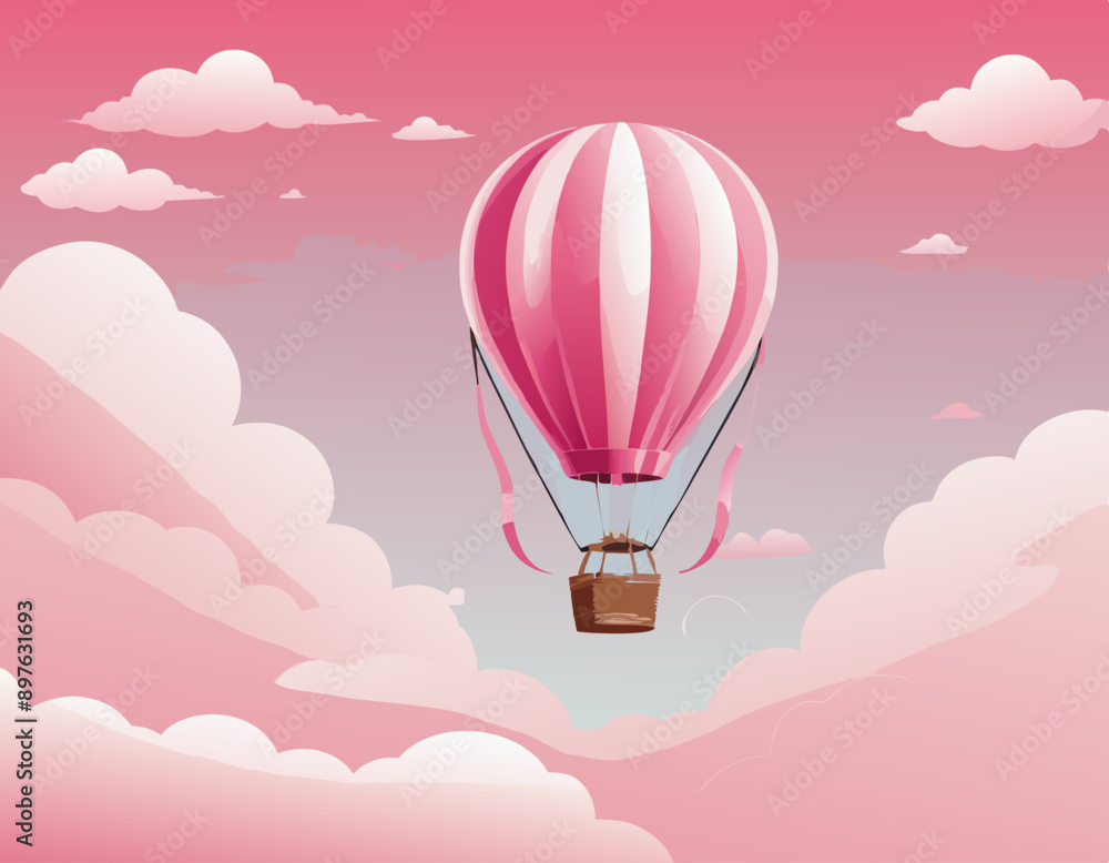 Obraz premium Landscape cloud and hot air balloon flat design vector illustration good for wallpaper, background, banner, backdrop, tourism and design template stock illustration
