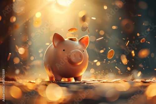 A charming piggy bank surrounded by falling coins, illuminated by warm light, symbolizing savings and financial growth