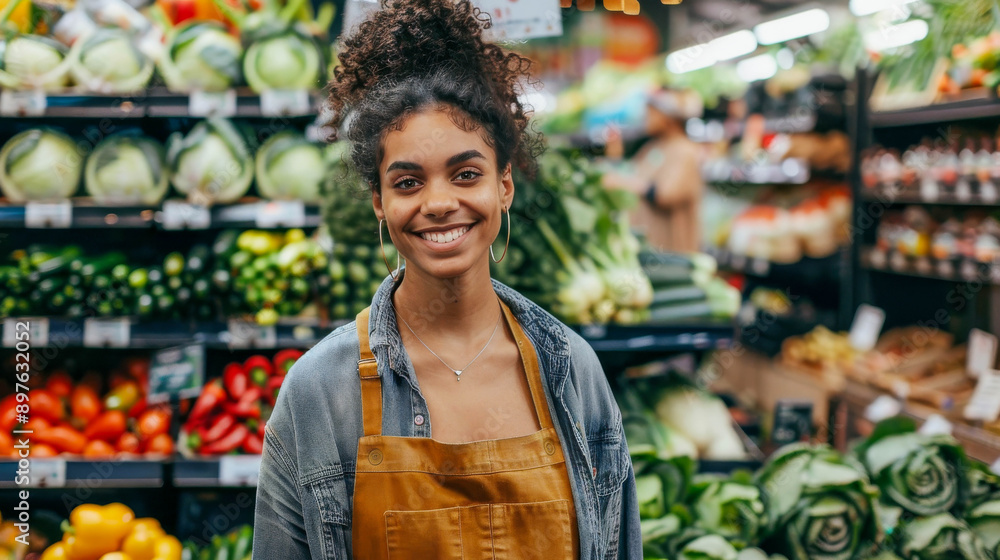 young woman standing in a supermarket next to vegetables young woman standing in a supermarket next to vegetables