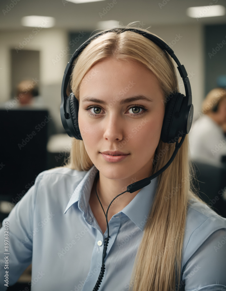 A young woman with blonde hair wearing a blue shirt and black headphones, sitting at a desk in an office. A young woman with blonde hair wearing a blue shirt and black headphones, sitting at a desk in an office.