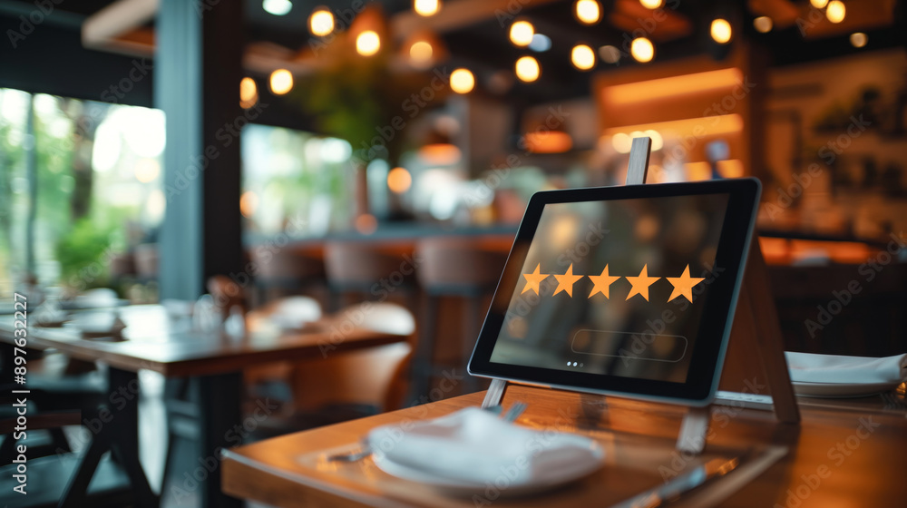 Restaurant with five stars rating on tablet screen, concept of great customer review and service Restaurant with five stars rating on tablet screen, concept of great customer review and service