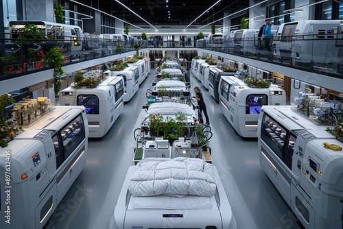 The image depicts a high-tech manufacturing facility filled with automated machines, plants, and beds, highlighting the integration of robotics in modern production processes for efficiency and susta photo