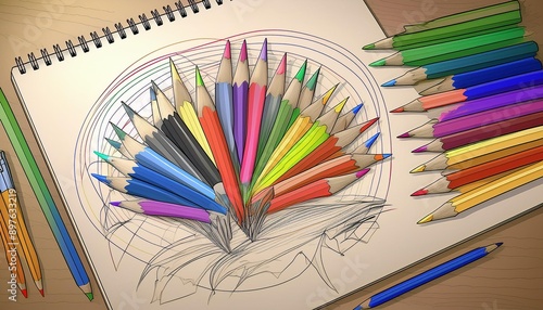 Drawing with colored pencils and sketchbook photo