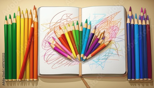 Drawing with colored pencils and sketchbook photo