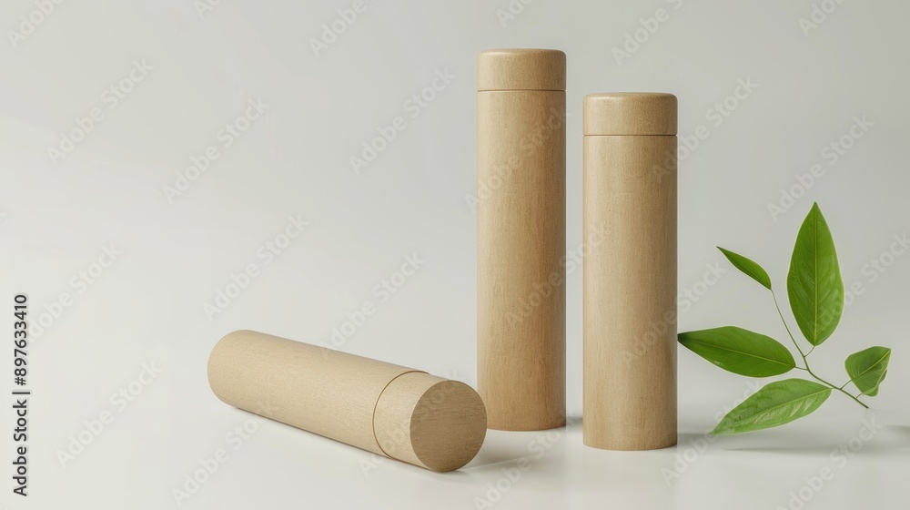 Pair of eco friendly paper tubes with caps on white background for cosmetics or goods packaging Mockup with focus on sustainability Pair of eco friendly paper tubes with caps on white background for cosmetics or goods packaging Mockup with focus on sustainability