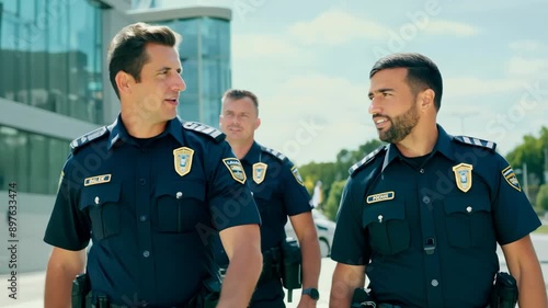 A slow motion pan captures police officers walking and talking, emphasizing their coordinated teamwork. Background activity continues at normal speed, highlighting the doctors' focused interaction