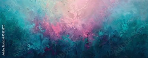 Abstract oil painting technique featuring glowing pink and teal textures. The vibrant colors create a dreamy and ethereal composition, highlighting the intricate texture of the oil paint.