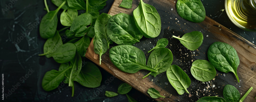 Top view of spinach leaves and oil on a wood board against a black background. The rich green spinach leaves highlight the healthy eating theme. Plenty of room for text. Top view of spinach leaves and oil on a wood board against a black background. The rich green spinach leaves highlight the healthy eating theme. Plenty of room for text.