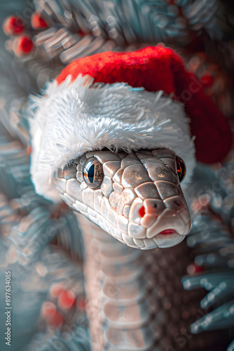 A snake by the Christmas tree wearing a Santa Claus hat, New Year's Eve 2025