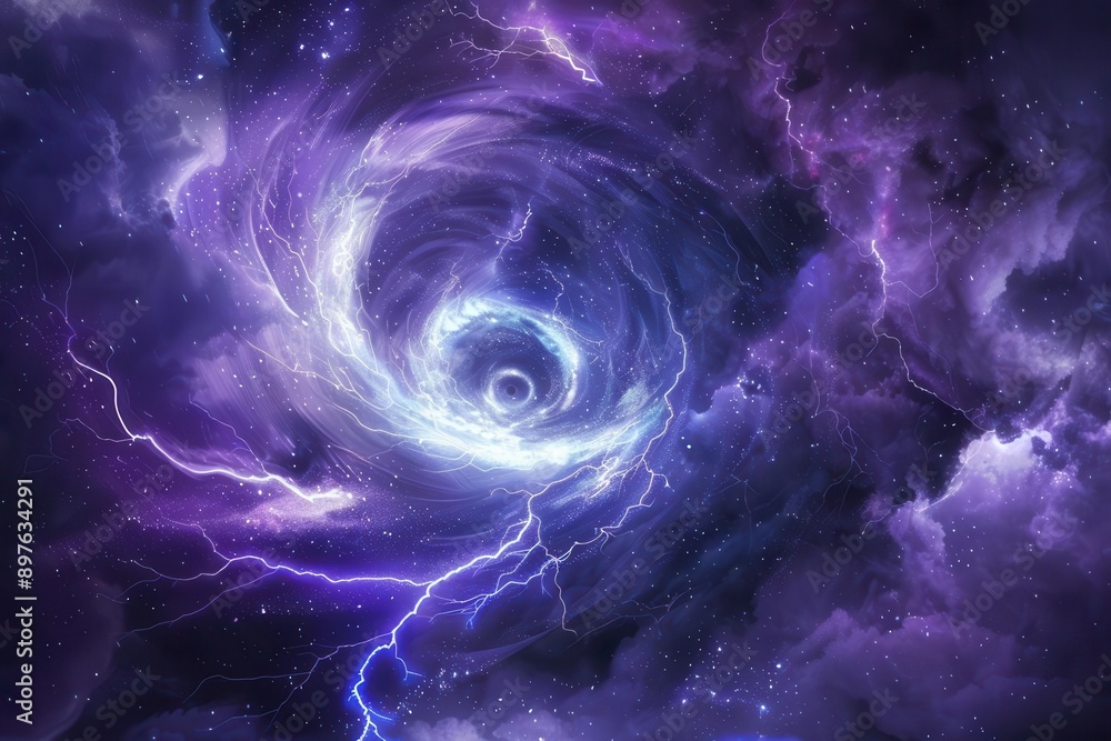 ethereal storm vortex with swirling purple and silver clouds electric blue lightning arcs from the center illuminating a spiraling cosmic abyss against a starry background ethereal storm vortex with swirling purple and silver clouds electric blue lightning arcs from the center illuminating a spiraling cosmic abyss against a starry background