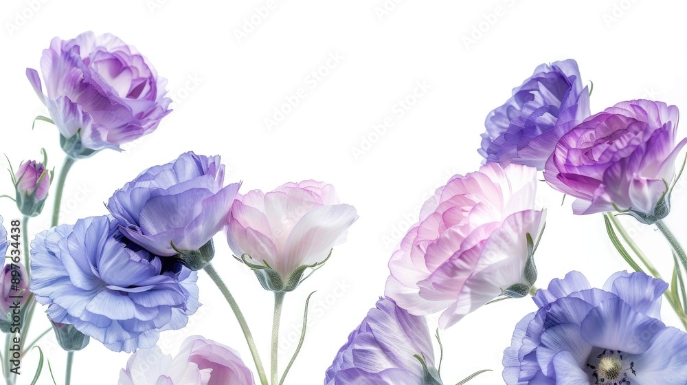Close up image of isolated white background with mauve and blue violet eustoma flowers Close up image of isolated white background with mauve and blue violet eustoma flowers