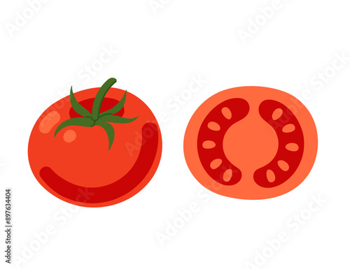 Ripe tomatoes, shown whole and halved to reveal their vibrant red color. Great for culinary use in recipes. Vector illustration isolated on white background