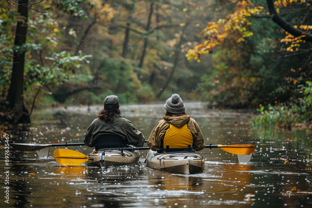 Two Kayakers Paddling Through Autumnal Forest Creek Two Kayakers Paddling Through Autumnal Forest Creek