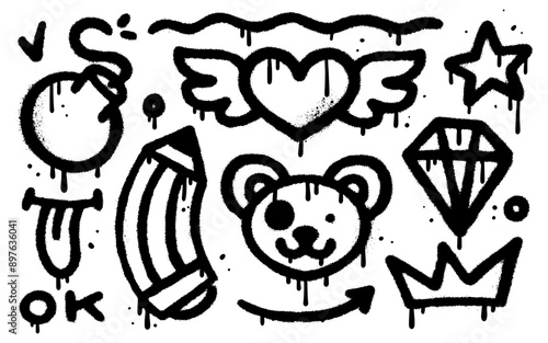Set of graffiti spray elements. Collection of black symbols - stroke, arrow, bunny, pencil, winged heart, bomb, crown. Vector icons for banner, decoration, street art, ads.
