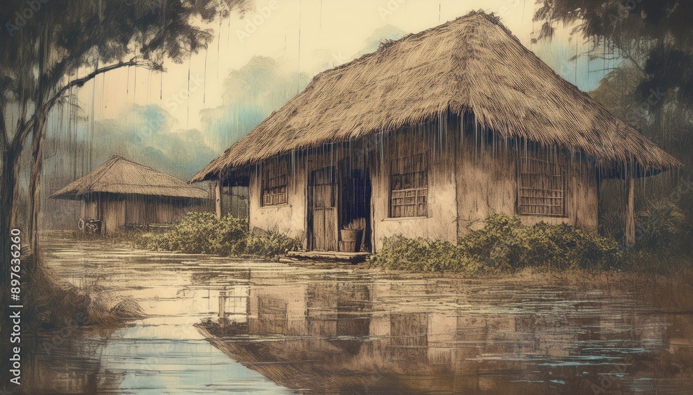 Thatched roof wet from the rain Thatched roof wet from the rain