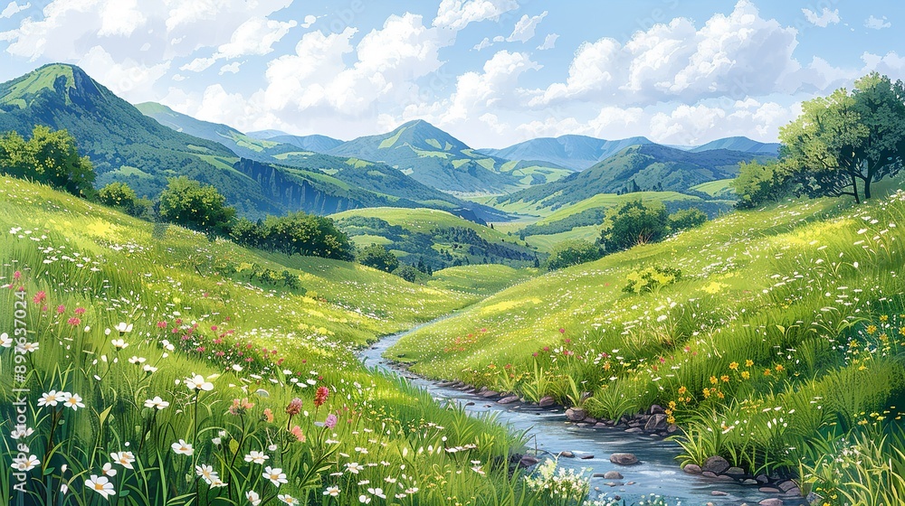 Naklejka premium A picturesque valley nestled between rolling hills, covered in a lush, green carpet of grass and wildflowers, with a clear, babbling river winding its way through the landscape Watercolor style, high