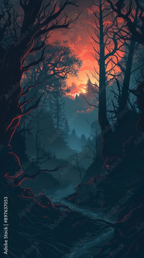 Fototapeta premium A chilling depiction of a world consumed by darkness. ,Dark Color light ,vectorline design , illustration , Mobile Wallpaper