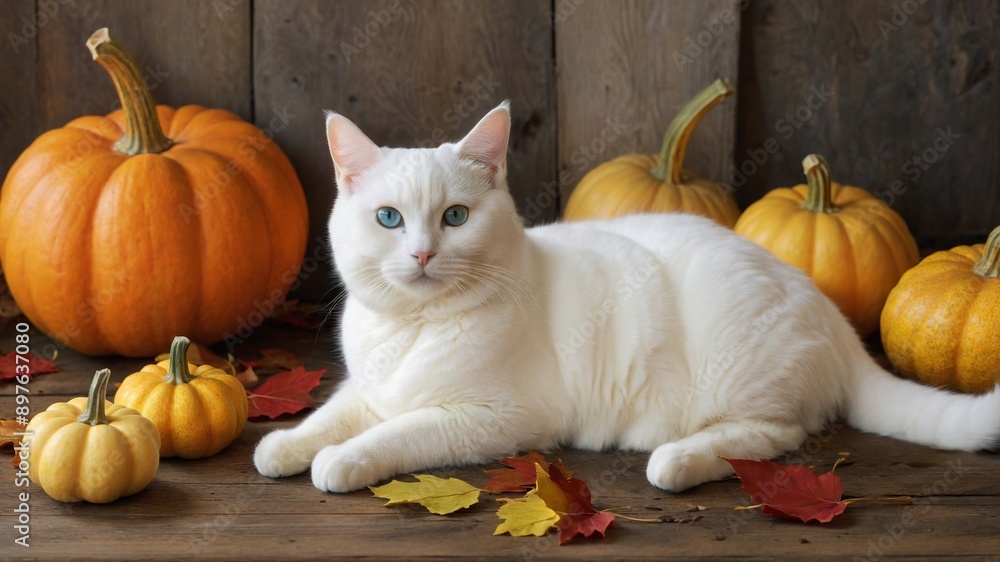 Cozy Autumn Cat with Pumpkins, A white cat with striking blue eyes rests amongst pumpkins and autumn leaves on a rustic wooden surface. This charming scene captures the cozy essence of fall. Cozy Autumn Cat with Pumpkins, A white cat with striking blue eyes rests amongst pumpkins and autumn leaves on a rustic wooden surface. This charming scene captures the cozy essence of fall.