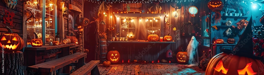 Obraz premium A Halloween party photo booth corner, with a backdrop of haunted house props, fun costume accessories like witch hats and fake mustaches, and guests posing for pictures