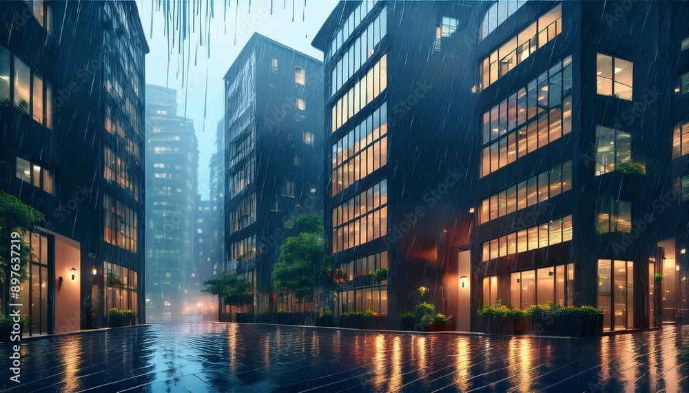 Exterior walls and windows of a building soaked in the rain Exterior walls and windows of a building soaked in the rain