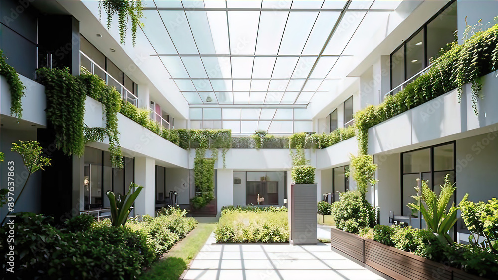 A white building with a large open courtyard, green plants and a transparent glass drop ceiling.
A white building with a large open courtyard, green plants and a transparent glass drop ceiling.