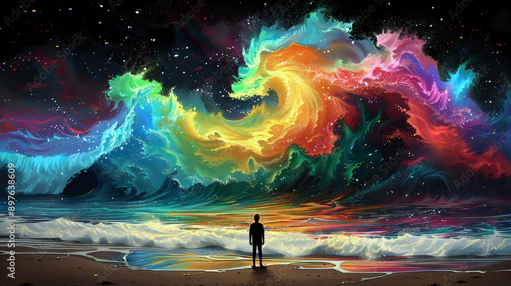 A person on a beach watches a colorful wave crash in the distance. Stars twinkle in a vibrant sky, setting a surreal scene A person on a beach watches a colorful wave crash in the distance. Stars twinkle in a vibrant sky, setting a surreal scene
