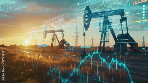 Oil pumpjacks are silhouetted against a sunset sky with digital financial charts overlayed, indicating fluctuating oil prices. Generative AI