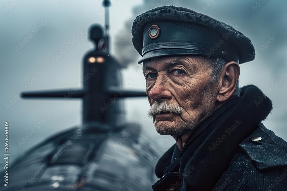 a pensive sailor gazes into the distance his weathered face illuminated by soft light behind him a massive submarine emerges from misty waters creating a powerful contrast of man and machine a pensive sailor gazes into the distance his weathered face illuminated by soft light behind him a massive submarine emerges from misty waters creating a powerful contrast of man and machine