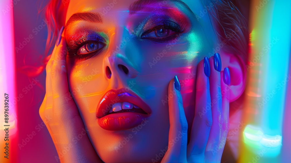 High Fashion model woman in colorful bright lights posing in studio, portrait of beautiful sexy girl with trendy make-up and manicure. Art design, colorful make up. Over colourful vivid background. High Fashion model woman in colorful bright lights posing in studio, portrait of beautiful sexy girl with trendy make-up and manicure. Art design, colorful make up. Over colourful vivid background.