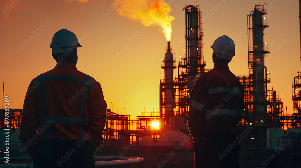 silhouette of engineers in safety helmets, observing operational oil refinery, industrial sunset, teamwork, professionals in energy sector, empowerment, innovation, copy space available silhouette of engineers in safety helmets, observing operational oil refinery, industrial sunset, teamwork, professionals in energy sector, empowerment, innovation, copy space available