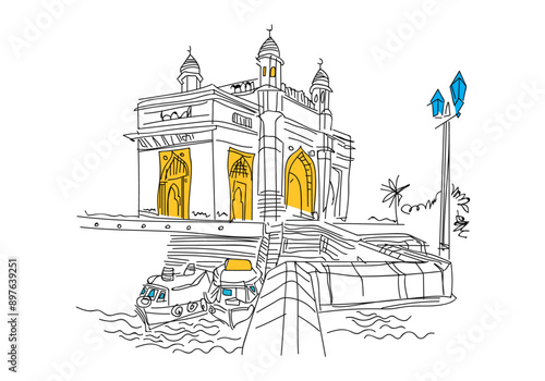 Iconic landmarks of Mumbai, the Gateway of India and the Taj Mahal Palace Hotel, are captured in this 20th-century cityscape sketch.