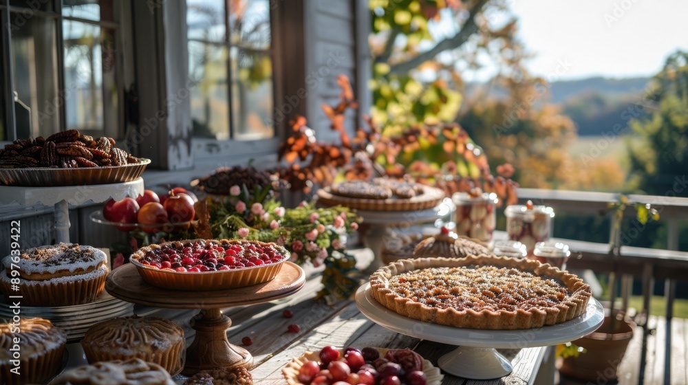 Homemade Thanksgiving sweets on rustic porch, pecan pie, cranberry tarts, caramel apples, clear sky, vibrant foliage, bright natural lighting. Thanksgiving crispy weather sweets Homemade Thanksgiving sweets on rustic porch, pecan pie, cranberry tarts, caramel apples, clear sky, vibrant foliage, bright natural lighting. Thanksgiving crispy weather sweets