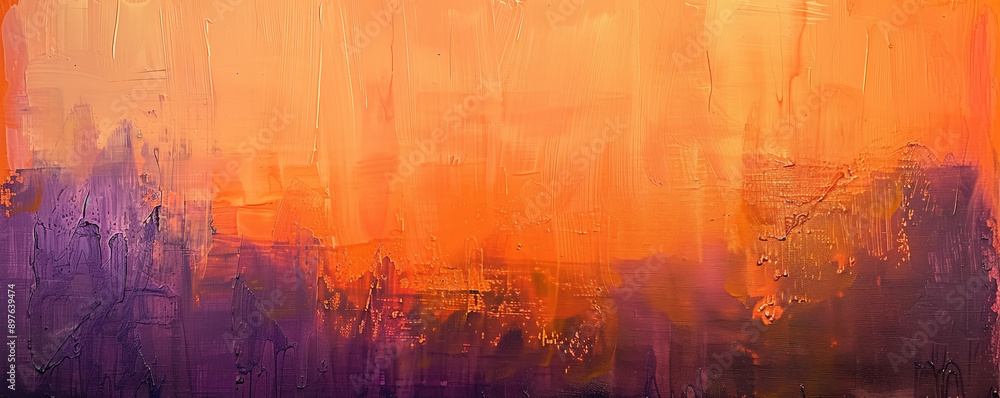 Fototapeta premium An abstract oil painting with luminous orange and purple textures. The glowing colors merge seamlessly, creating a warm and inviting composition that emphasizes the richness of the oil paint texture.
