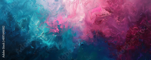 Obraz na płótnie Abstract oil painting technique featuring glowing pink and teal textures. The vibrant colors create a dreamy and ethereal composition, highlighting the intricate texture of the oil paint. w salonie