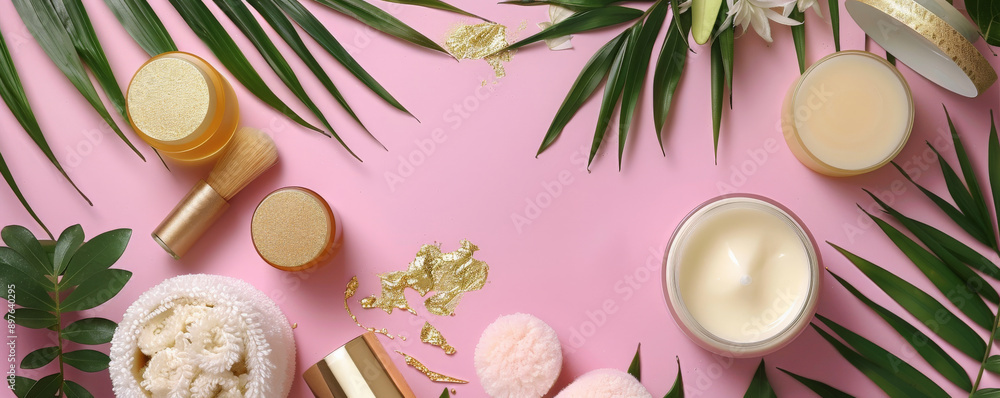 A top down view of various spa beauty products on a pink background, accented with gold tropical foliage. The spacious design allows for text or additional elements. A top down view of various spa beauty products on a pink background, accented with gold tropical foliage. The spacious design allows for text or additional elements.